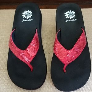 yellow box red sequin flip flops